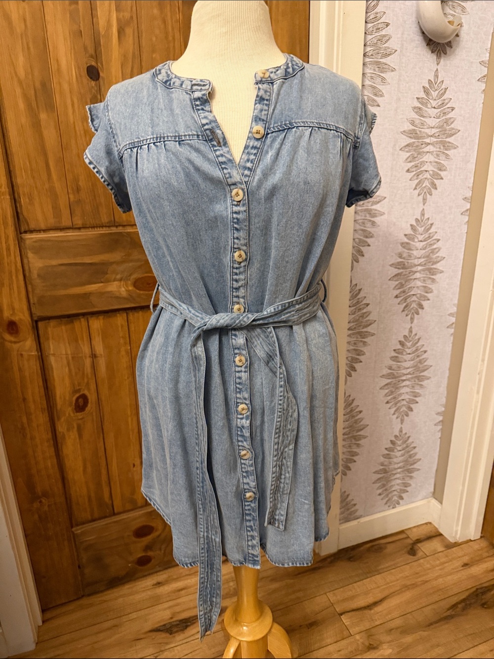 Light Blue Denim Button-Front Belted Dress